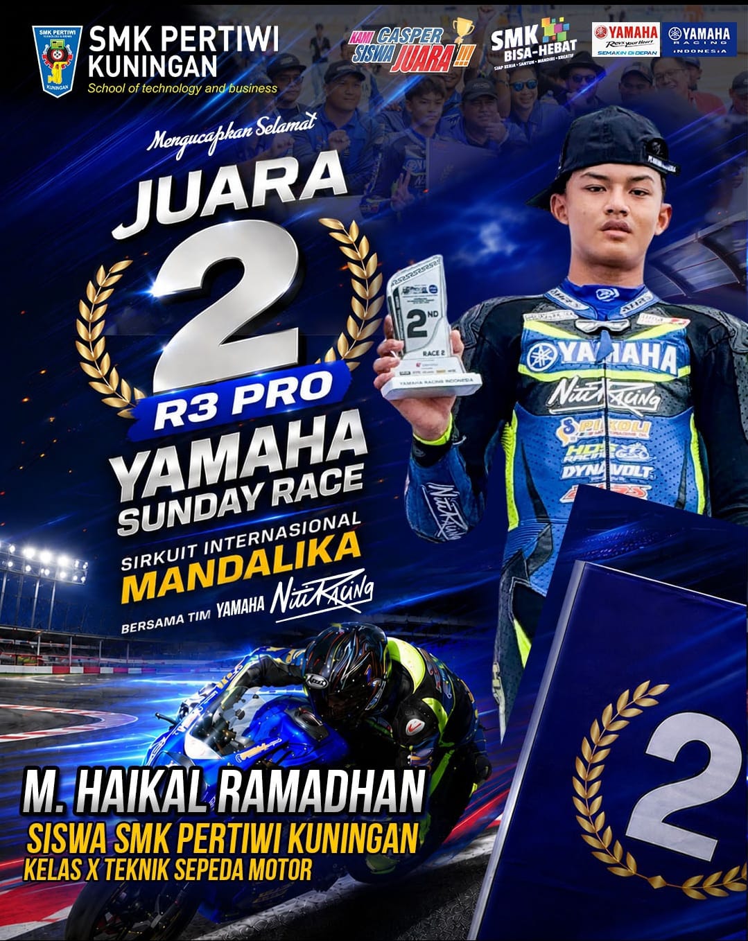 Siswa SMK Pertiwi Kuningan Ukir Prestasi di Sirkuit Mandalika, M. Haikal Ramadhan Raih Juara 2 Yamaha Sunday Race R3 Pro